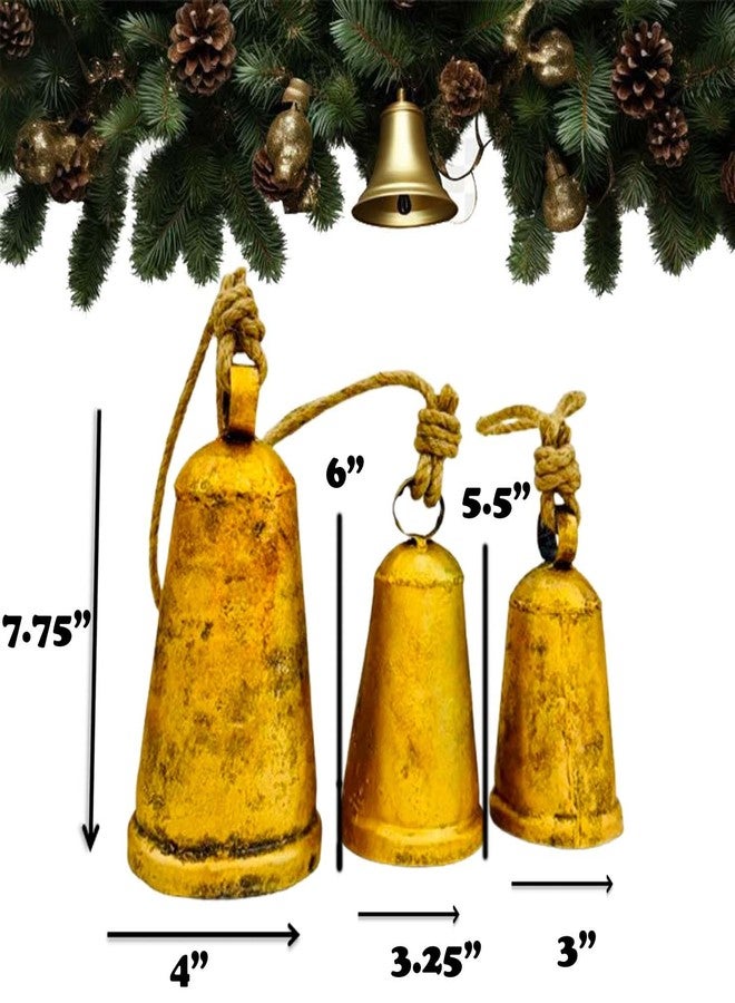 THOR INSTRUMENTS Gold Bells Metal Christmas Hanging Bells Vintage Decor with Jute Hanging Rope,Decorative Cow Bell, Ideal for Wedding,Christmas (Brass Cone Set of 3) - Image 3